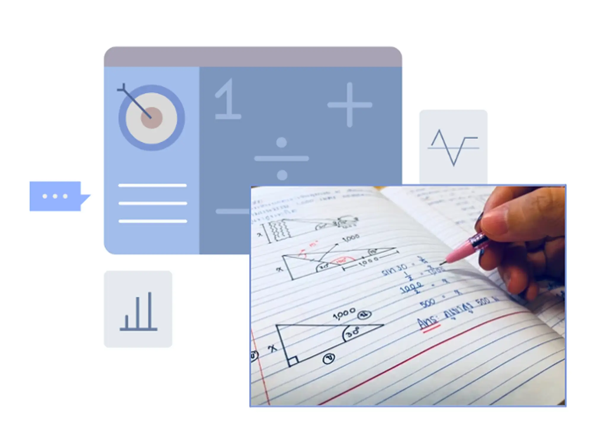 Handwritten trigonometry working in a notebook next to a maths app