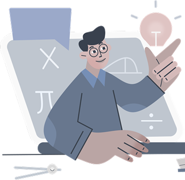 Illustration of a tutor at a board of maths symbols, pointing up at a lightbulb